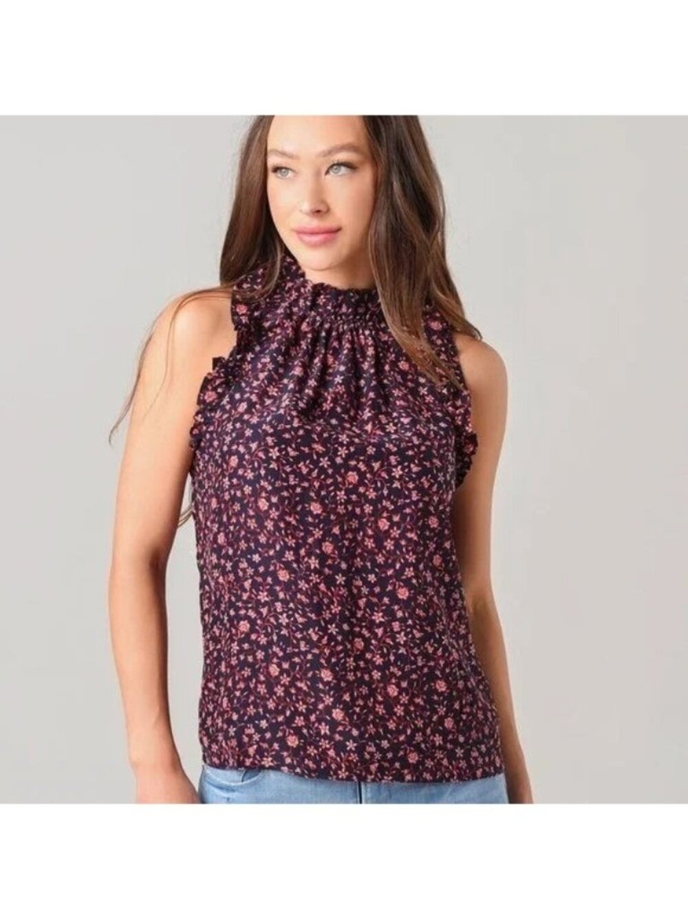 Frame Small Navy Pink Floral Sleeveless Flounce Top Silk